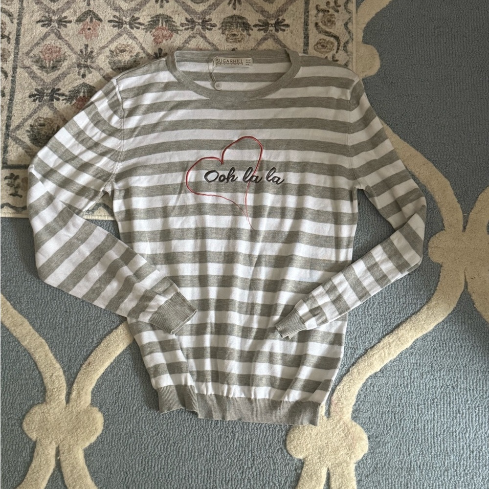 SUGARHILL Gray and White Striped Sweater with Heart EmbroideryOOH LA LA SIZE 8